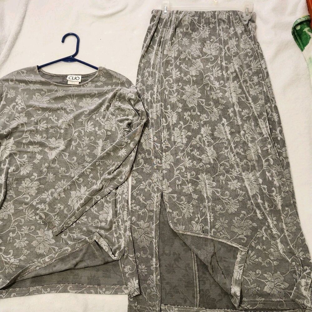 Clio Top And Maxi Skirt Set Size Small Medium Or Large Gray Floral Made In USA. - Picture 1 of 12